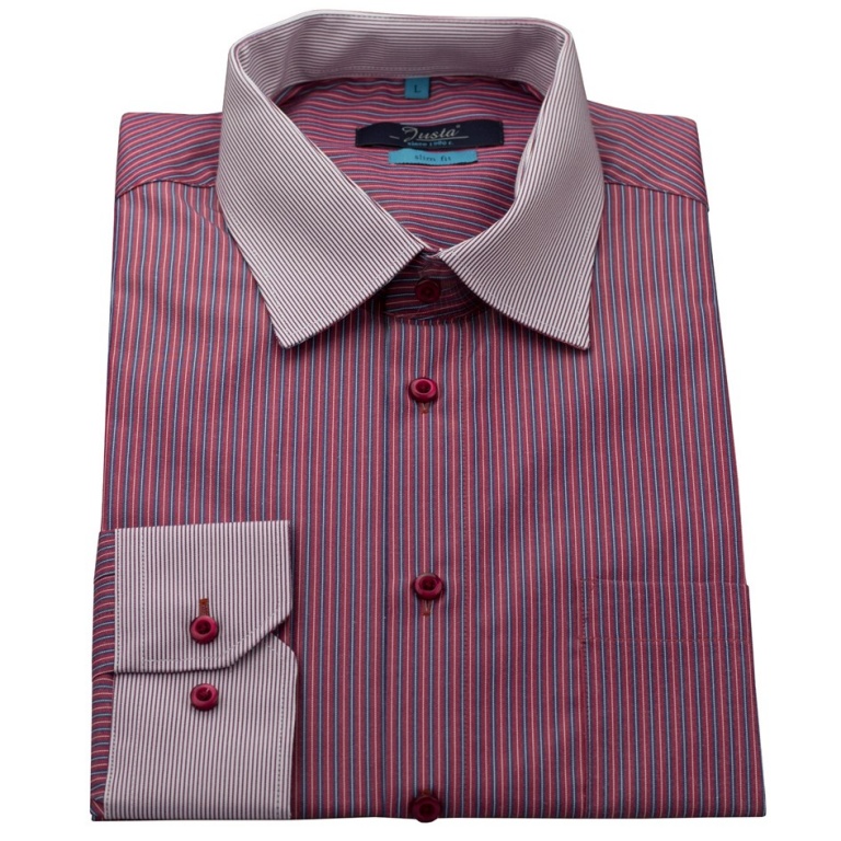 Vínově červená pánská slim fit košile s modro bílými pruhy