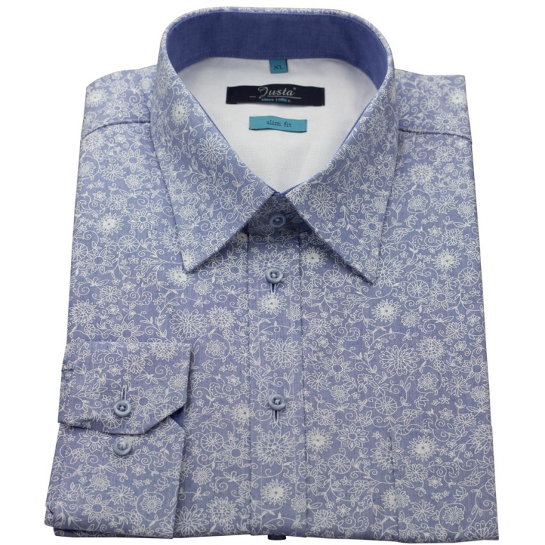 Modrá pánská slim fit košile s bílými květy