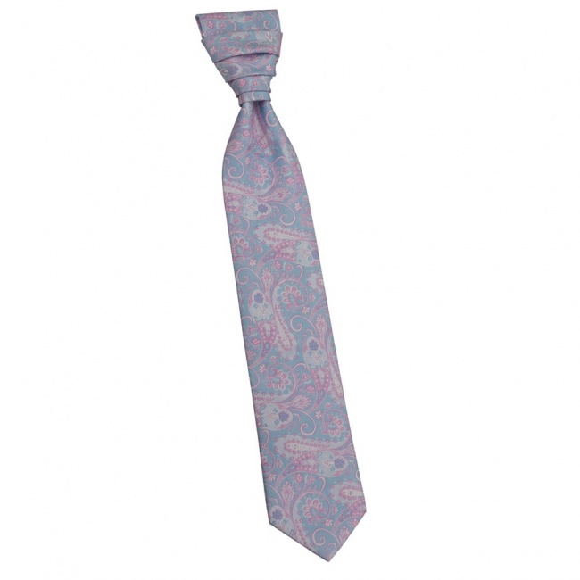 Světle modrá svatební kravata s růžovým paisley vzorem včetně kapesníčku - Regata (2)