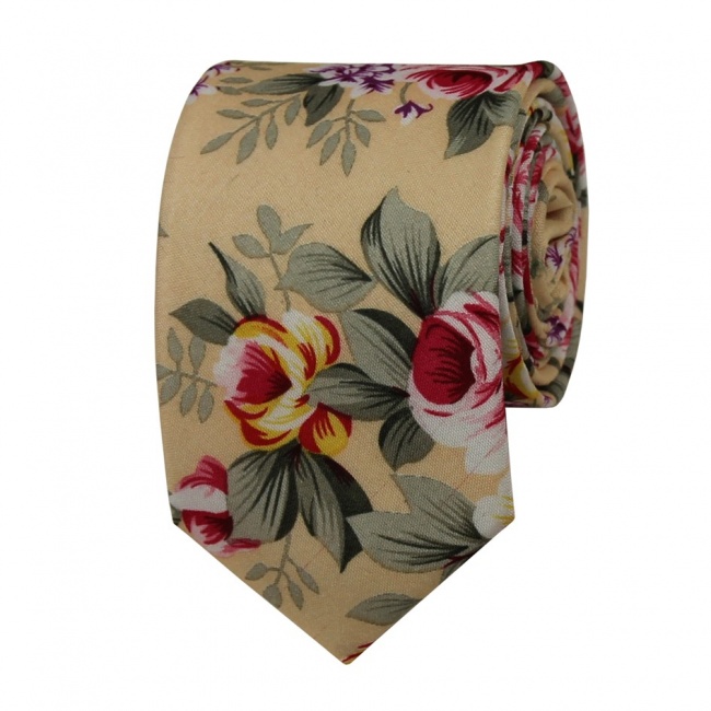 Svetlě meruňková květovaná pánská bavlněná kravata