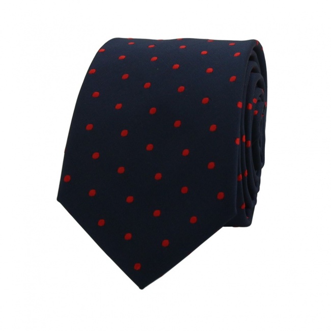 Tmavě modrá pánská kravata s červenými puntíky