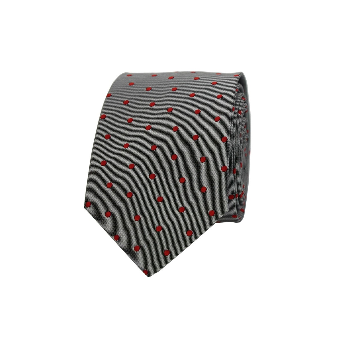 Světle šedá pánská kravata s červenými puntíky