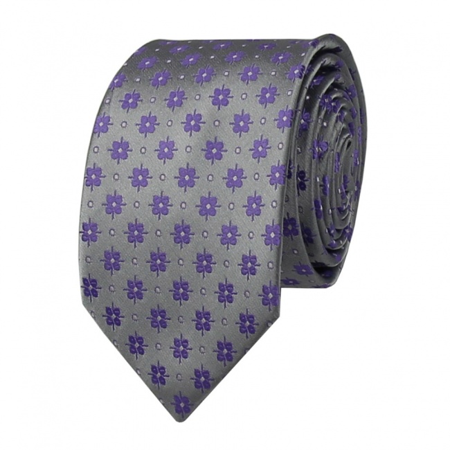 Stříbrná pánská kravata s fialovými květinkami