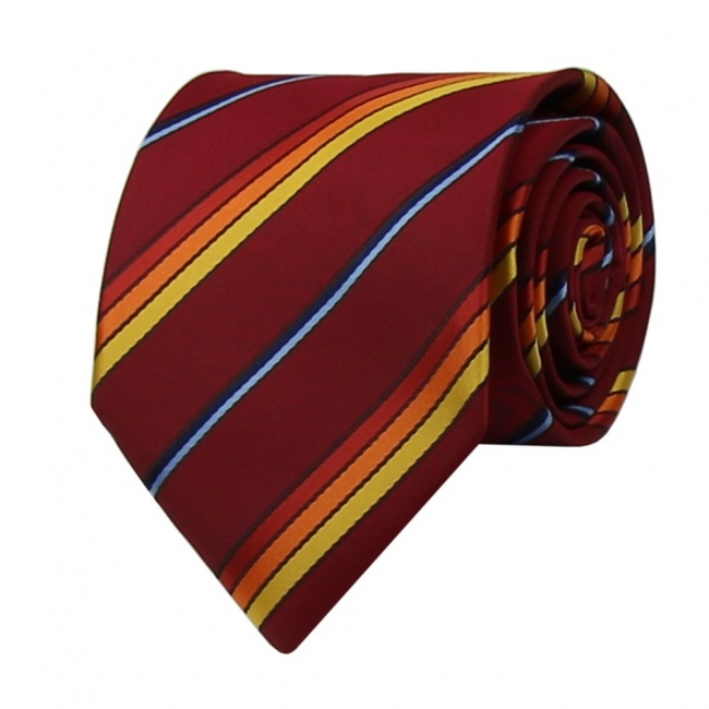 Vínově červená pánská kravata s barevnými proužky