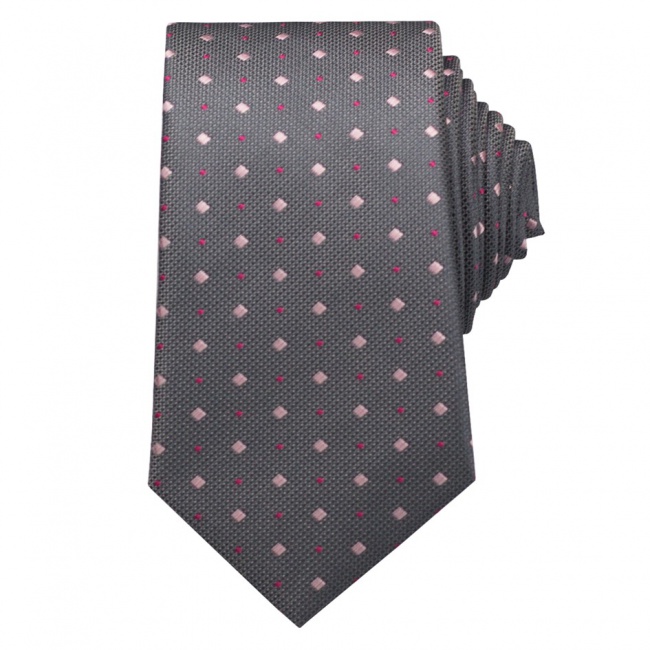 Šedá pánská kravata s růžovými čtverečky