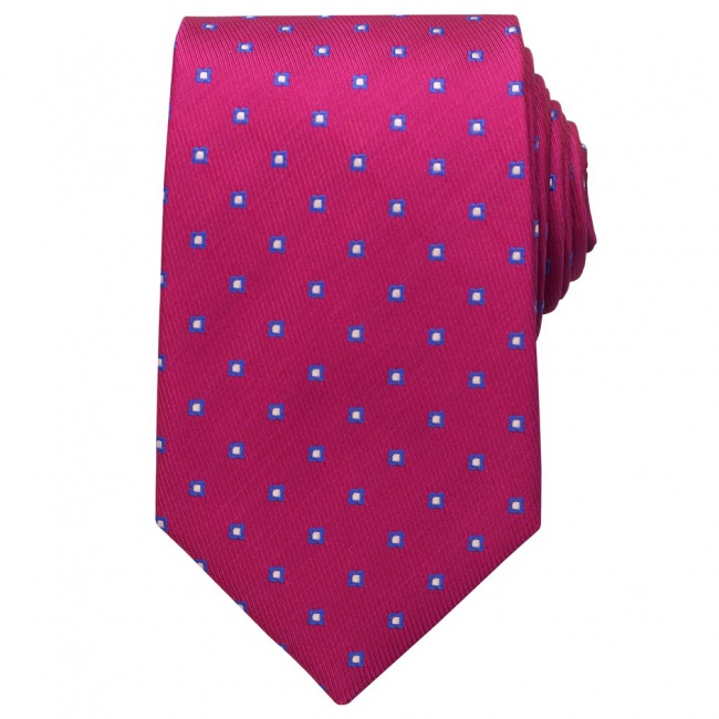 Tmavě růžová pánská kravata s bílo modrými čtverečky