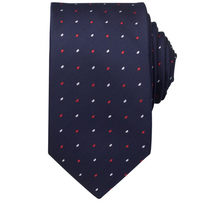 Tmavě modrá pánská kravata s bílo červenými puntíky