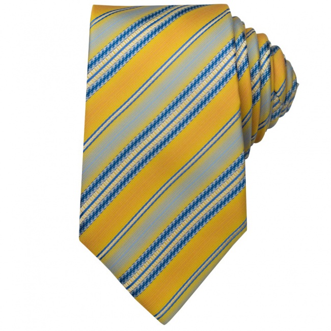 Žlutá pánská kravata s modrými proužky