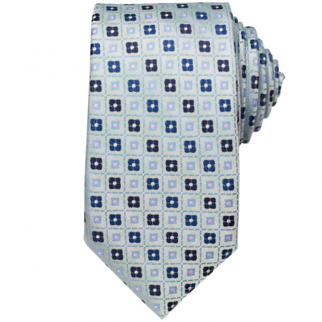 Stříbrná pánská kravata s modro růžovými aplikacemi