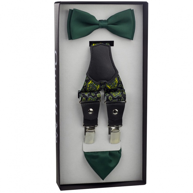 Smaragdově zelený Luxusní pánský set Šle s koženým středem a motýlek s kapesníčkem