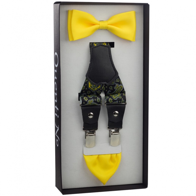 Kanárkově žlutý Luxusní pánský set Šle s koženým středem a motýlek s kapesníčkem