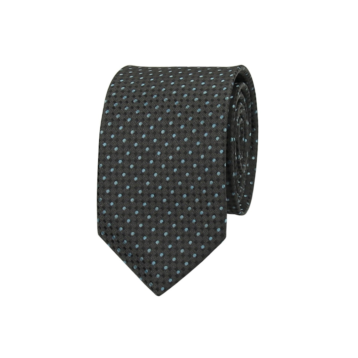 Tmavě šedá pánská kravata s šedo tyrkysovými puntíky