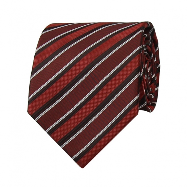Vínově červená pánská kravata s červeno černo bílými pruhy