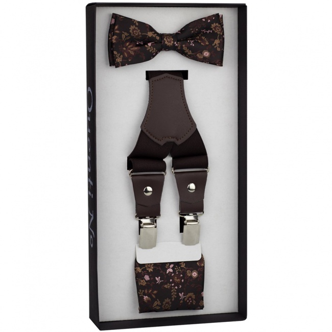 Tmavě hnědý květovaný Luxusní pánský set Šle s koženým středem a motýlek s kapesníčkem