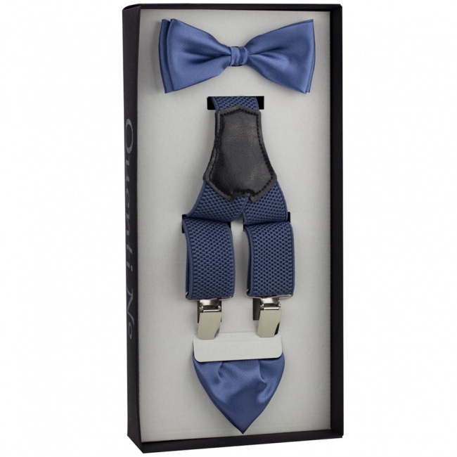 Luxusní modro šedý pánský set Šle a motýlek s kapesníčkem