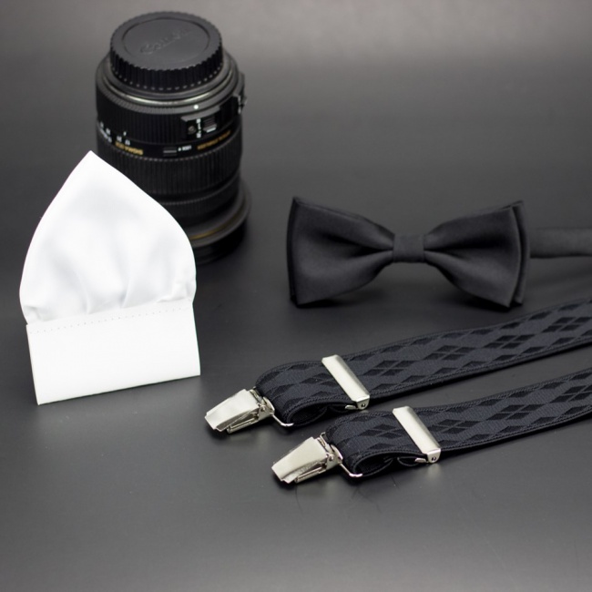 Černý luxusní pánský set Šle a motýlek s kapesníčkem v krabičce