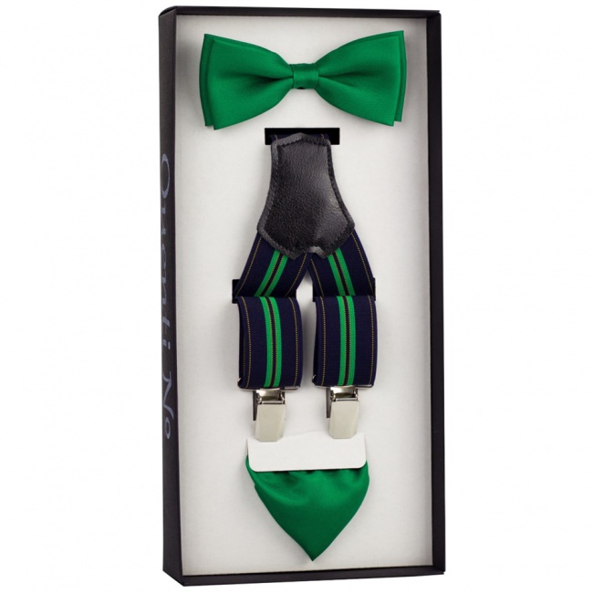 Tmavě zelený luxusní pánský set Šle a motýlek s kapesníčkem v krabičce