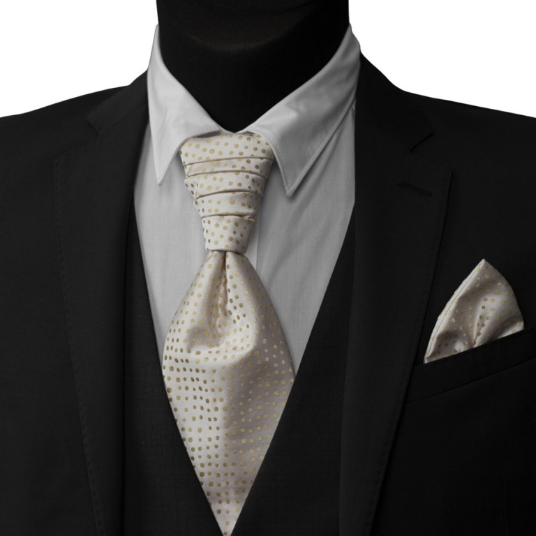Šampaň svatební kravata s kapesníčkem - Regata s vyšivanými zlatými puntíky (2)