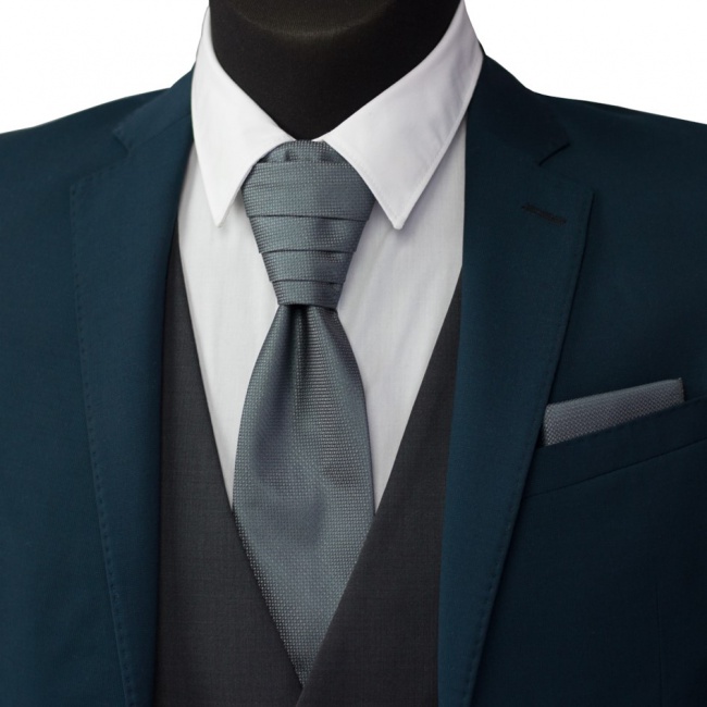 Tmavě šedá kravata s kapesníčkem - Regata s jemným mřížkováním (2)