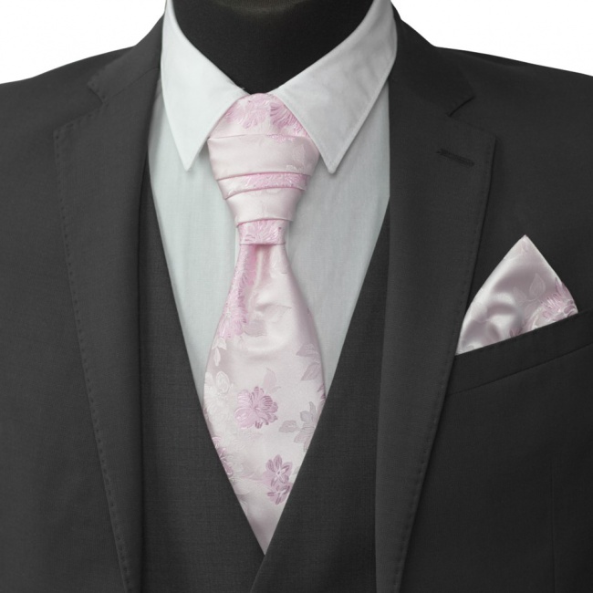 Světlounce růžová svatební kravata s růžovými květy včetně kapesníčku - Regata (2)