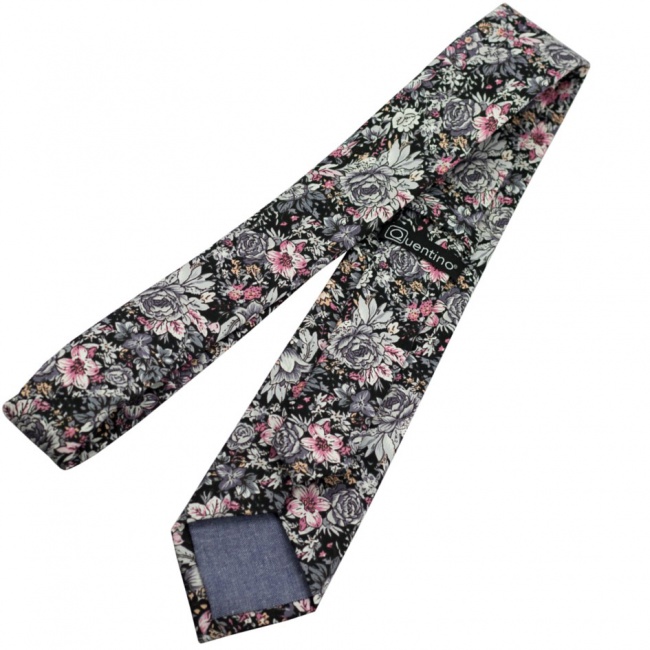 Černá květovaná pánská bavlněná kravata