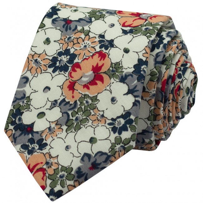Bílá pánská bavlněná kravata s barevnými květy