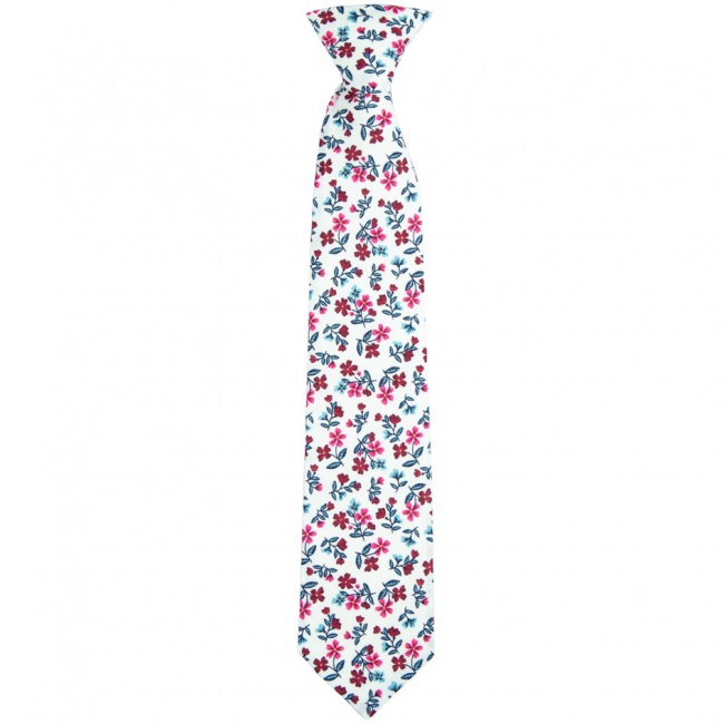 Bílá bavlněná dětská kravata s vínovo růžovými kvítky