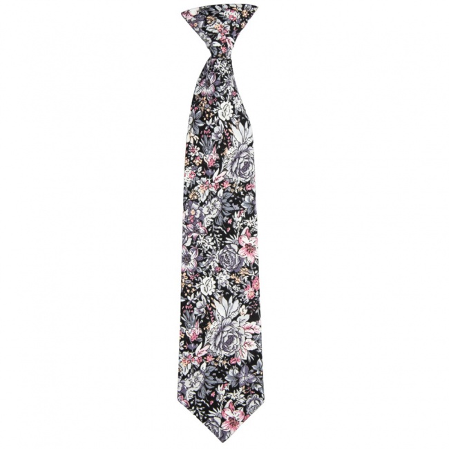 Černá bavlněná dětská kravata s šedo růžovými květy