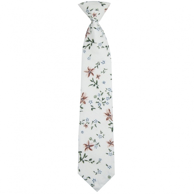 Smetanová (ecru) bavlněná dětská kravata s modro hnědými květy