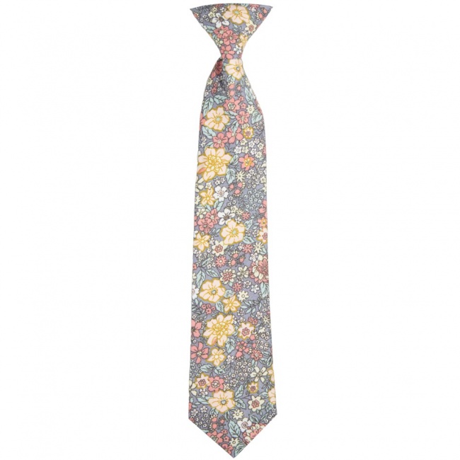 Šedomodrá bavlněná dětská kravata s barevnými květy