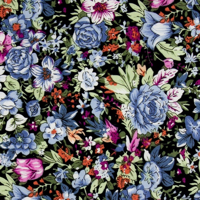 Černá bavlněná dětská kravata s modro fialovými květy