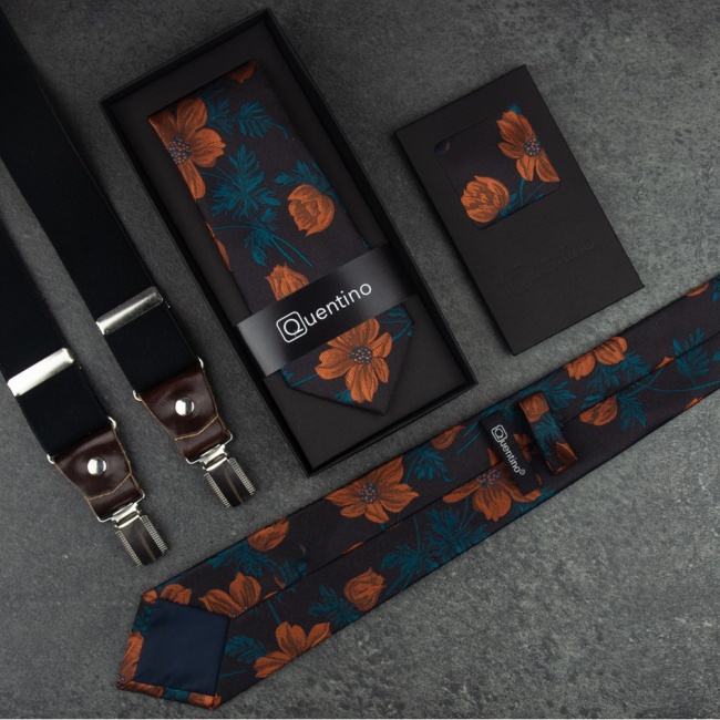 Černo cihlová pánská kravata s květy