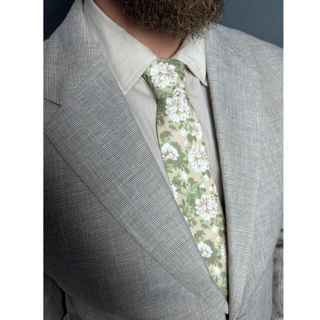 Zelená šalvěj pánská bavlněná kravata s květy