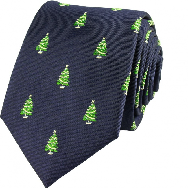 Tmavě modrá pánská kravata Vánoční stromečky