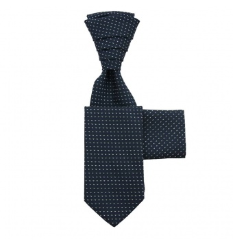 Tmavě modrá svatební kravata s kapesníčkem - Regata se stříbrnými trojúhelníčky